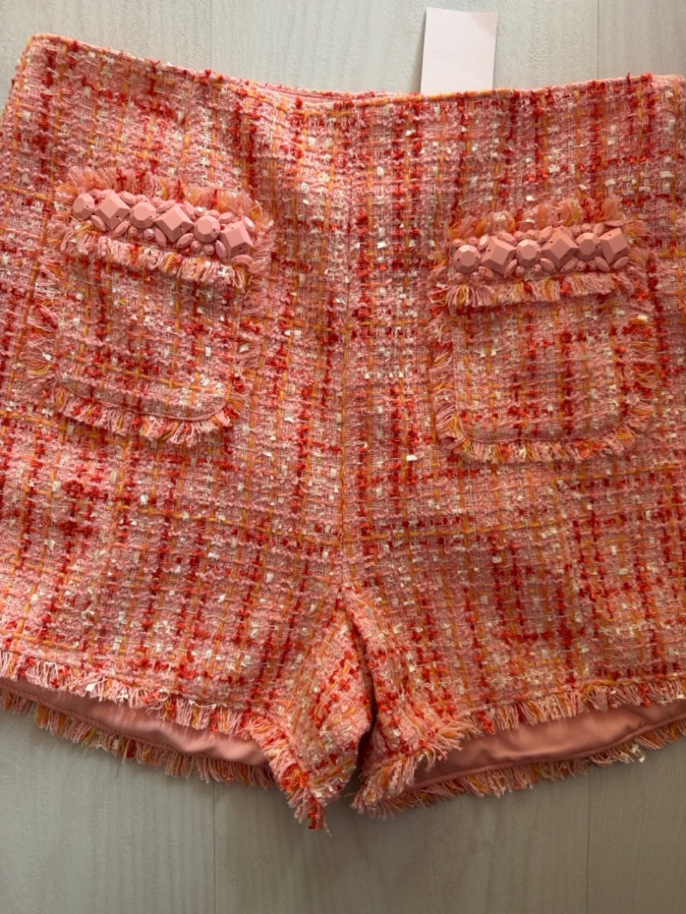 High-Rise Pink Tweed Fringe Shorts NWT